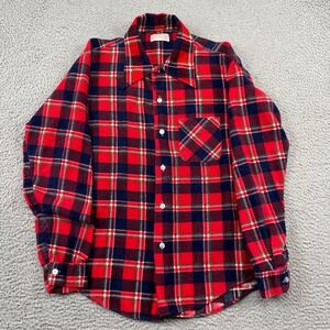 Permanent Press Shirt Mens L Red Plaid Flannel Button Up Long Sleeve 100% Cotton